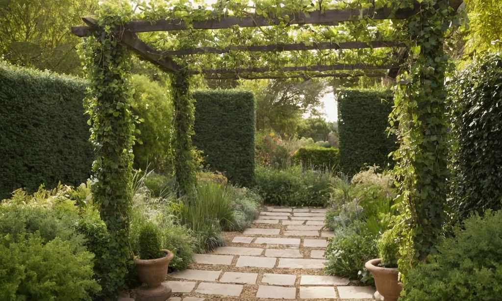 Un consultor de diseño de jardín cuidadosamente remolcando vides enredaded juntos