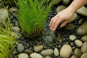 Persona regar pequeñas plantas acuáticas en agua clara utilizando guijarros como soporte. La traducción al inglés puede variar dependiendo de la fuente.