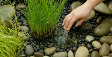 Persona regar pequeñas plantas acuáticas en agua clara utilizando guijarros como soporte. La traducción al inglés puede variar dependiendo de la fuente.