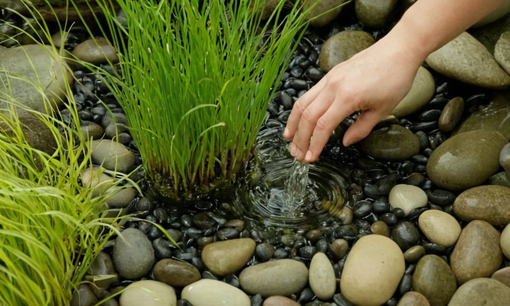 Persona regar pequeñas plantas acuáticas en agua clara utilizando guijarros como soporte. La traducción al inglés puede variar dependiendo de la fuente.