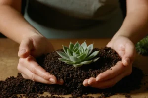 Mujer sanitizing soil as part of plant propagation process for her collection of succulent plants.