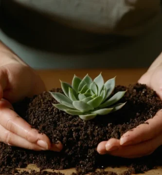 Mujer sanitizing soil as part of plant propagation process for her collection of succulent plants.