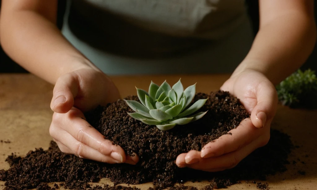 Mujer sanitizing soil as part of plant propagation process for her collection of succulent plants.