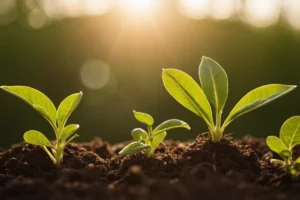 Planta creciendo en medio de la luz solar con cauciones nutritivas alrededor de ella. Factores clave para el crecimiento y la vida vegetal.