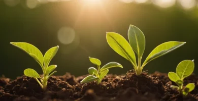 Planta creciendo en medio de la luz solar con cauciones nutritivas alrededor de ella. Factores clave para el crecimiento y la vida vegetal.