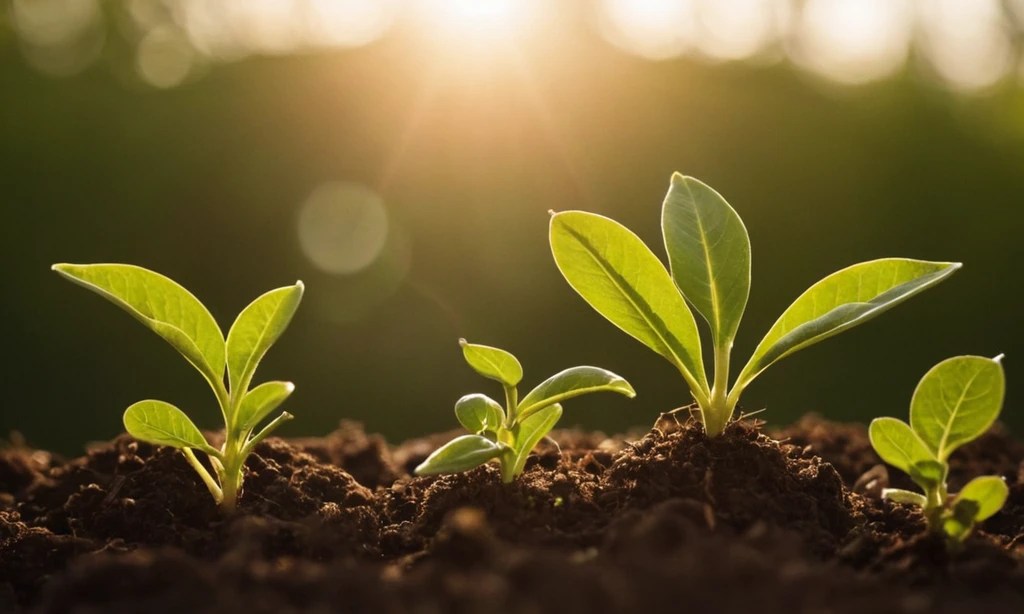 Planta creciendo en medio de la luz solar con cauciones nutritivas alrededor de ella. Factores clave para el crecimiento y la vida vegetal.