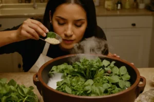 Persona mezclando ingredientes para la configuración de fertilizante hidropónico en casa mientras habla español en su cara.