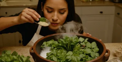 Persona mezclando ingredientes para la configuración de fertilizante hidropónico en casa mientras habla español en su cara.