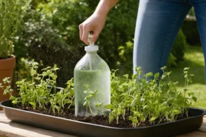 Mujer temblando semillas de plantas en una sartén poco profunda llena de agua usando botella de spray de jardín de larga mano. Lees Cuándo utilizarlo y cómo hacerlo: Beneficios.
