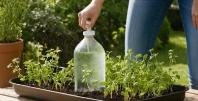 Mujer temblando semillas de plantas en una sartén poco profunda llena de agua usando botella de spray de jardín de larga mano. Lees Cuándo utilizarlo y cómo hacerlo: Beneficios.