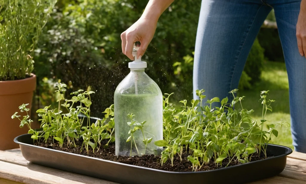 Mujer temblando semillas de plantas en una sartén poco profunda llena de agua usando botella de spray de jardín de larga mano. Lees Cuándo utilizarlo y cómo hacerlo: Beneficios.