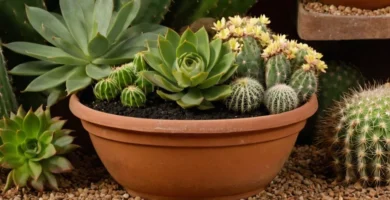 Planta verde creciendo a través de la mezcla de macetas de terracota rodeada de flora drooping