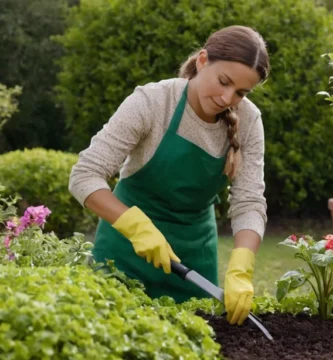 Espolvorear fertilizante con cuidado ya que ella maneja delicadamente la planta mientras se viste con atuendo de jardinería