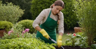Espolvorear fertilizante con cuidado ya que ella maneja delicadamente la planta mientras se viste con atuendo de jardinería