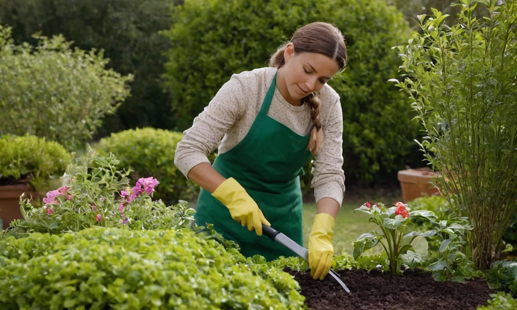 Espolvorear fertilizante con cuidado ya que ella maneja delicadamente la planta mientras se viste con atuendo de jardinería