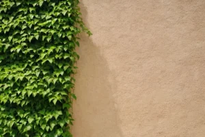 Planta verde escalando una pared externa con instrucciones de cuidado escritas en letra audaz junto a ella.