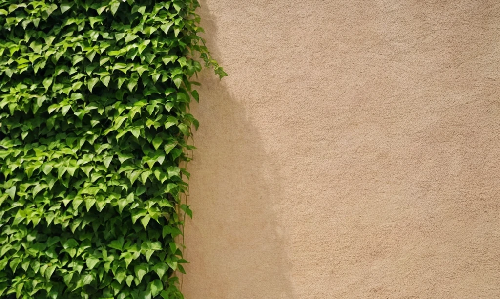 Planta verde escalando una pared externa con instrucciones de cuidado escritas en letra audaz junto a ella.