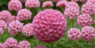 Pequeñas flores rosadas formadas como una bola que florece sobre un fondo
