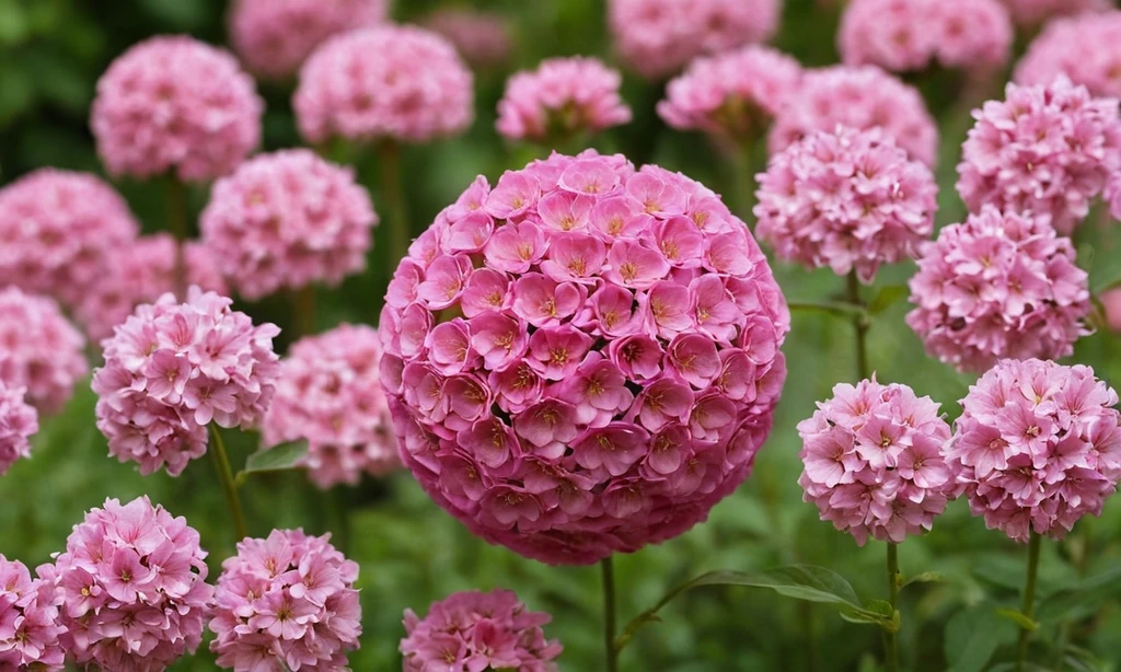 Pequeñas flores rosadas formadas como una bola que florece sobre un fondo