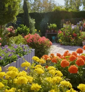 (Traducción: En busca de las mejores plantas de floración para el sol completo en un recipiente para [nombre]... ¡Descubre el ganador! - un anuncio con varias especies de plantas de flores