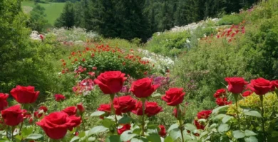 Flores floreciendo en medio de vegetación y pétalos parecidos a rosas rojas debido a sus colores vivos y patrones únicos que destacan. La imagen podría abarcar paisajes con estas flores en primer plano