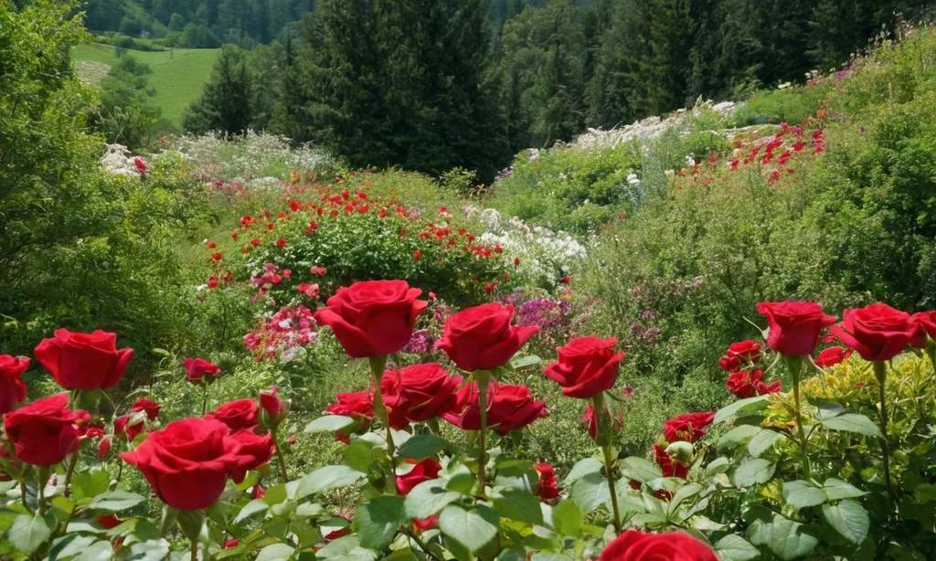 Flores floreciendo en medio de vegetación y pétalos parecidos a rosas rojas debido a sus colores vivos y patrones únicos que destacan. La imagen podría abarcar paisajes con estas flores en primer plano