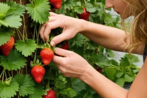 Persona cosecha de fresas de un jardín vertical utilizando una herramienta que asegura la planta en su lugar durante el crecimiento. Una guía práctica para principiantes sobre cultivar las fresas verticalmente. (Asumiendo que se trata de cultivar fruta en pequeños espacios).