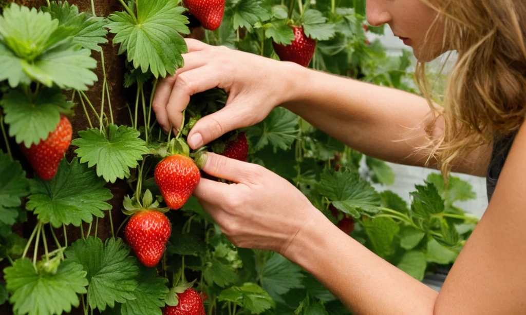 Persona cosecha de fresas de un jardín vertical utilizando una herramienta que asegura la planta en su lugar durante el crecimiento. Una guía práctica para principiantes sobre cultivar las fresas verticalmente. (Asumiendo que se trata de cultivar fruta en pequeños espacios).