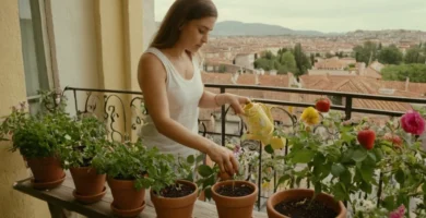 Persona riego de ollas pequeñas con semillas en su balcón