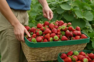 Persona de pie cerca de una cesta de fresa llena de fruta roja y verde madura. Tienen sus manos trabajando juntas para recoger cuidadosamente las fresas