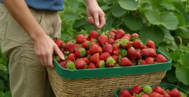 Persona de pie cerca de una cesta de fresa llena de fruta roja y verde madura. Tienen sus manos trabajando juntas para recoger cuidadosamente las fresas