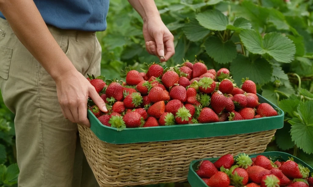 Persona de pie cerca de una cesta de fresa llena de fruta roja y verde madura. Tienen sus manos trabajando juntas para recoger cuidadosamente las fresas