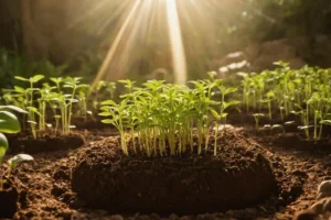 Semilla plantada dentro de una base terrestre rodeada de rayos solares con instrucciones detalladas debajo de la imagen. Las instrucciones leen: Fecha de Planeo: 1 de abril; Tiempo de Germinación: 7-14 días. En la esquina inferior derecha