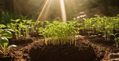 Semilla plantada dentro de una base terrestre rodeada de rayos solares con instrucciones detalladas debajo de la imagen. Las instrucciones leen: Fecha de Planeo: 1 de abril; Tiempo de Germinación: 7-14 días. En la esquina inferior derecha