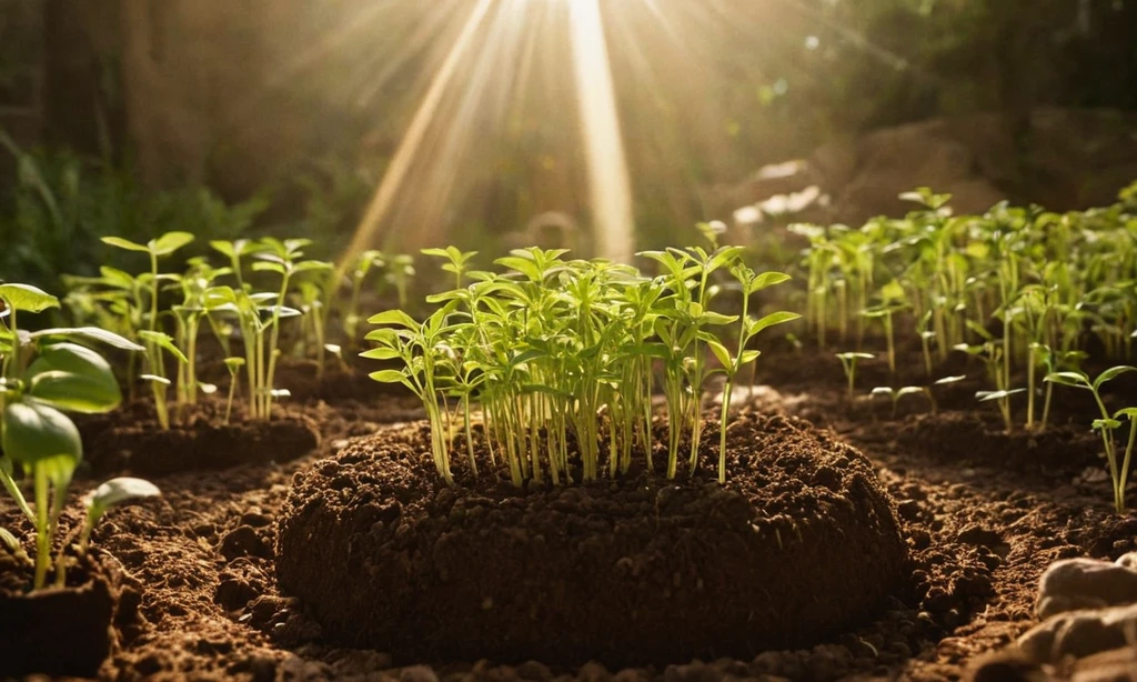 Semilla plantada dentro de una base terrestre rodeada de rayos solares con instrucciones detalladas debajo de la imagen. Las instrucciones leen: Fecha de Planeo: 1 de abril; Tiempo de Germinación: 7-14 días. En la esquina inferior derecha