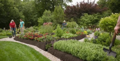 Una mujer que lleva palas rodeada de hombres que tienden a sus céspedes con camas de jardín levantadas en primer plano. El camino se alinea con arbustos verdes y flores