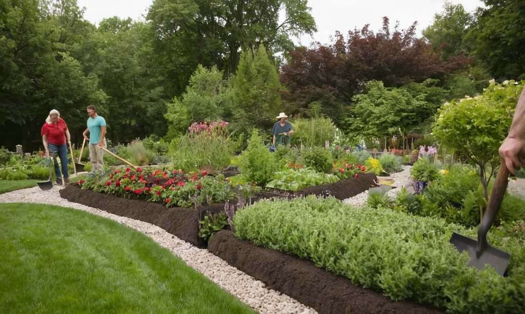 Una mujer que lleva palas rodeada de hombres que tienden a sus céspedes con camas de jardín levantadas en primer plano. El camino se alinea con arbustos verdes y flores