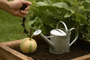 Persona plantando una sola semilla en suelo de olla mientras sostiene una lata de riego. Las palabras Cómo traducir a Cómo