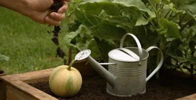 Persona plantando una sola semilla en suelo de olla mientras sostiene una lata de riego. Las palabras Cómo traducir a Cómo