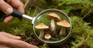 Hombre usando una lupa para inspeccionar el crecimiento de hongos. En español