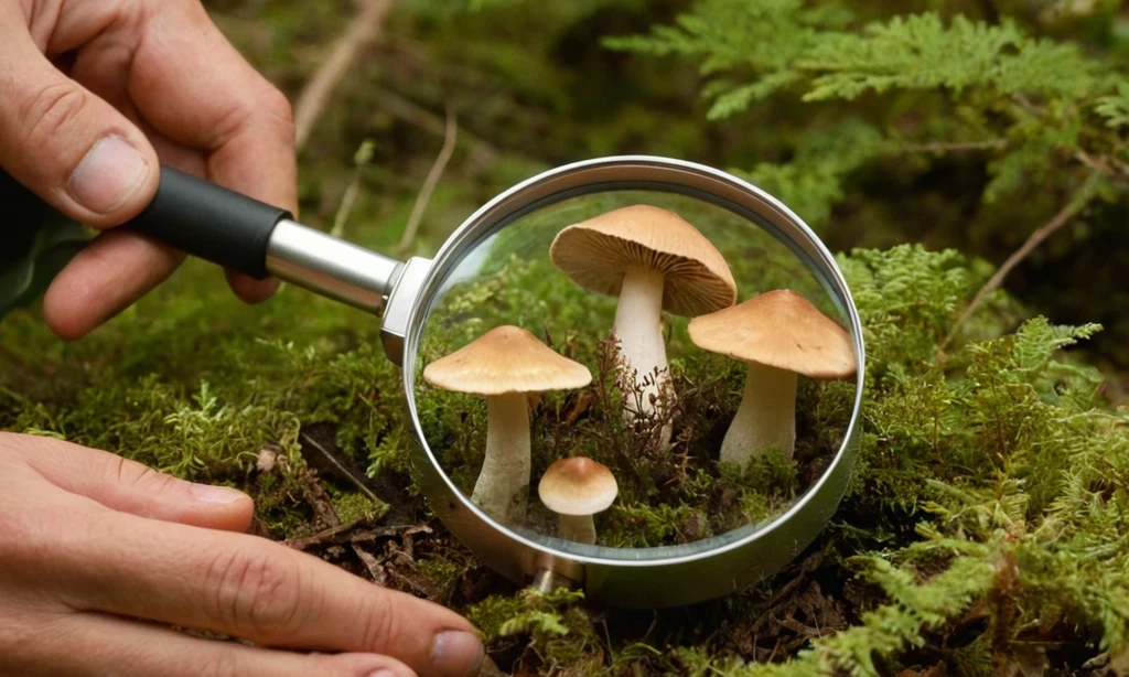 Hombre usando una lupa para inspeccionar el crecimiento de hongos. En español