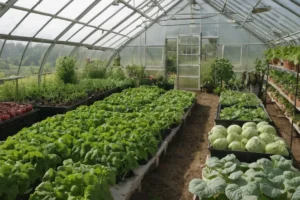 Greenhouse lleno de plantas como granjero comparte técnicas clave de jardinería y cosecha fresca lista para preparar la comida. En inglés: Consejos para cultivar su propio jardín