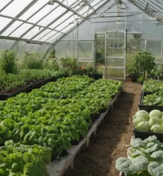Greenhouse lleno de plantas como granjero comparte técnicas clave de jardinería y cosecha fresca lista para preparar la comida. En inglés: Consejos para cultivar su propio jardín