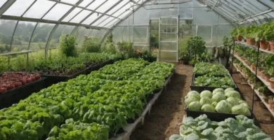 Greenhouse lleno de plantas como granjero comparte técnicas clave de jardinería y cosecha fresca lista para preparar la comida. En inglés: Consejos para cultivar su propio jardín