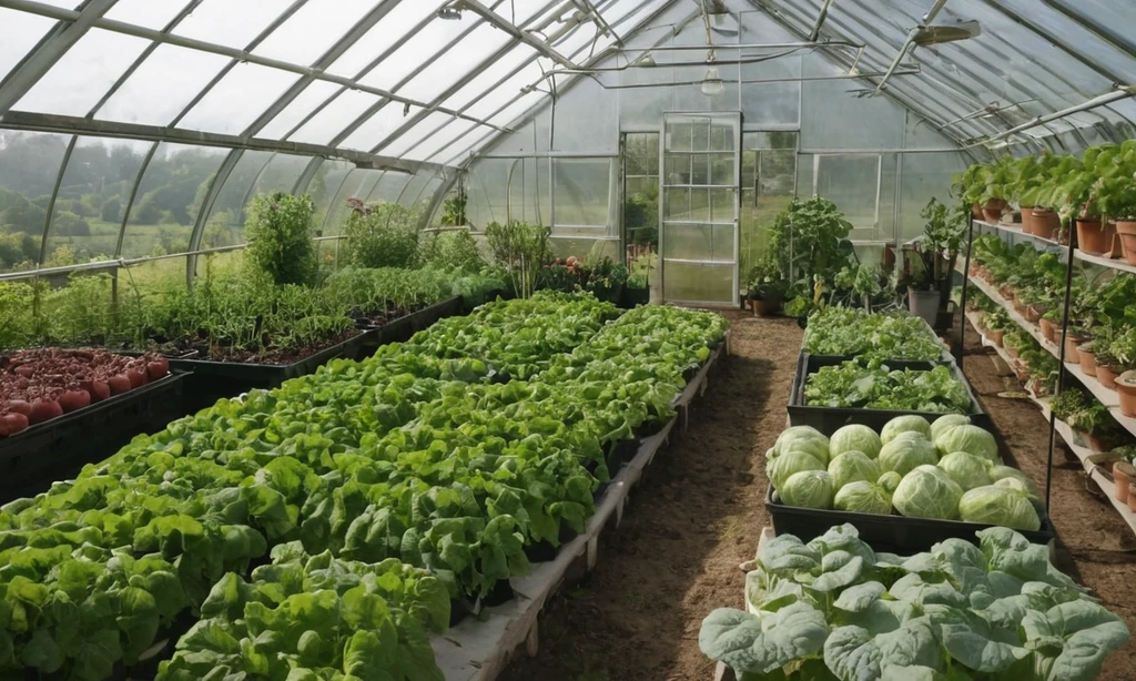 Greenhouse lleno de plantas como granjero comparte técnicas clave de jardinería y cosecha fresca lista para preparar la comida. En inglés: Consejos para cultivar su propio jardín
