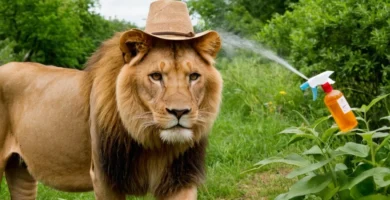León con sombrero (impropiamente traducido) sosteniendo botella de spray llena de remedios naturales alrededor de su jardín de plantas y utilizando un repelente de insectos. Tenga en cuenta que sólo el nombre León está incluido como sugiere algún tipo de encuentro exótico o aventurero con insectos. El propio texto se refiere a una lista de 6 remedios naturales e insecticidas encontrados alrededor de la naturaleza que son eficaces contra diferentes tipos de plagas.