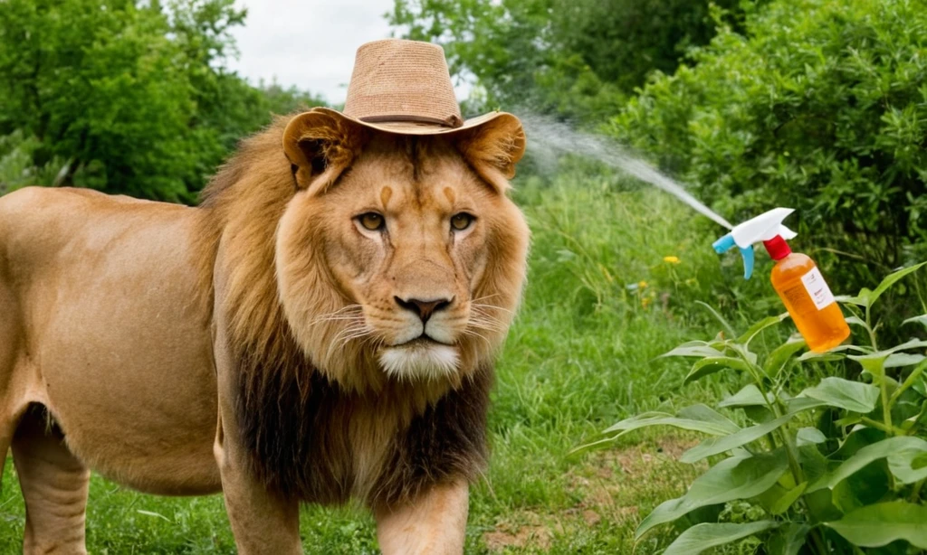 León con sombrero (impropiamente traducido) sosteniendo botella de spray llena de remedios naturales alrededor de su jardín de plantas y utilizando un repelente de insectos. Tenga en cuenta que sólo el nombre León está incluido como sugiere algún tipo de encuentro exótico o aventurero con insectos. El propio texto se refiere a una lista de 6 remedios naturales e insecticidas encontrados alrededor de la naturaleza que son eficaces contra diferentes tipos de plagas.