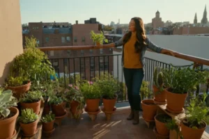 Persona de pie junto a un jardín de balcón completado con plantas
