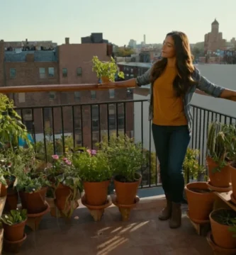 Persona de pie junto a un jardín de balcón completado con plantas