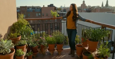 Persona de pie junto a un jardín de balcón completado con plantas